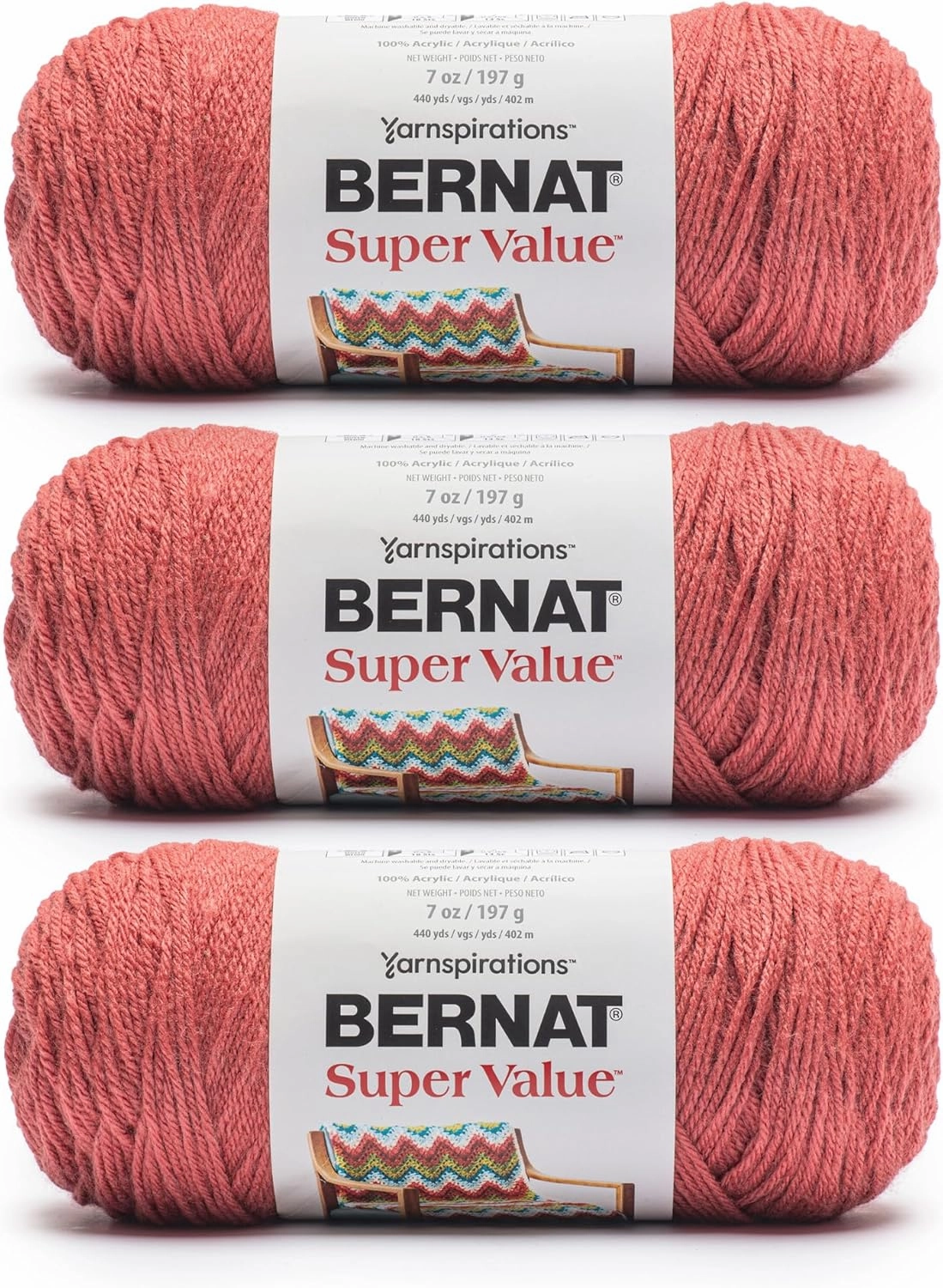 Bernat Super Value Farmhouse Red Yarn - 3 Pack of 7oz/197g - 100% Acrylic - #4 Worsted (Medium) 440 Yards - Knitting/Crochet
