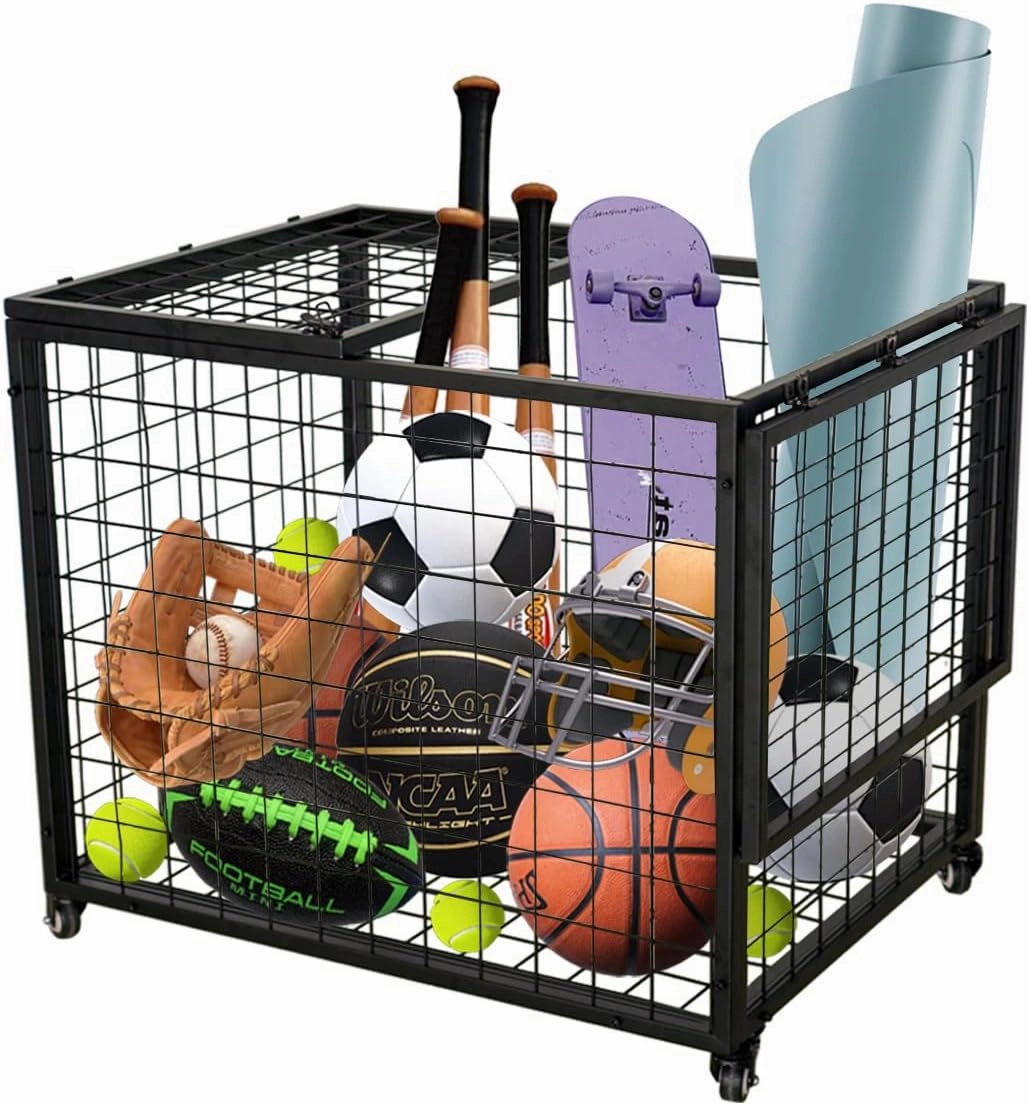biosp Ball Storage Cart with Double Lockable Lids, Extra Large Rolling Sports Equipment Organizer Holder with Brakable Wheels, Indoor Outdoor Heavy Duty Ball Cage Bin for Garage, Gym, School, Stadium