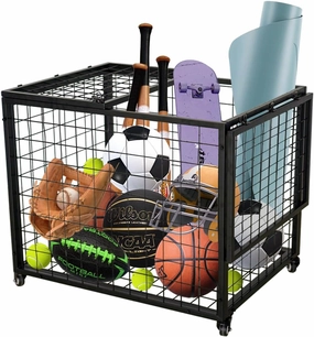 biosp Ball Storage Cart with Double Lockable Lids, Extra Large Rolling Sports Equipment Organizer Holder with Brakable Wheels, Indoor Outdoor Heavy Duty Ball Cage Bin for Garage, Gym, School, Stadium