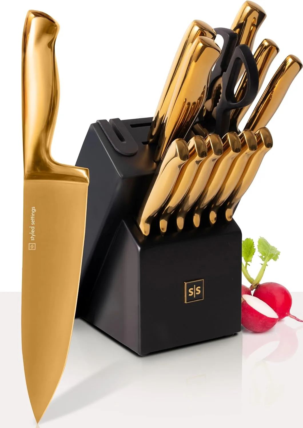 Black and Gold Knife Set with Block – 14-Piece Ultra-Sharp Full Tang Knives with Self-Sharpening Knife Block – Stylish Black and Gold Kitchen Accessories and Decor