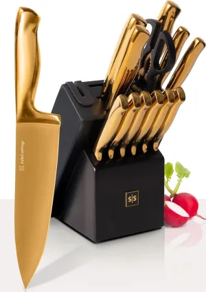 Black and Gold Knife Set with Block – 14-Piece Ultra-Sharp Full Tang Knives with Self-Sharpening Knife Block – Stylish Black and Gold Kitchen Accessories and Decor