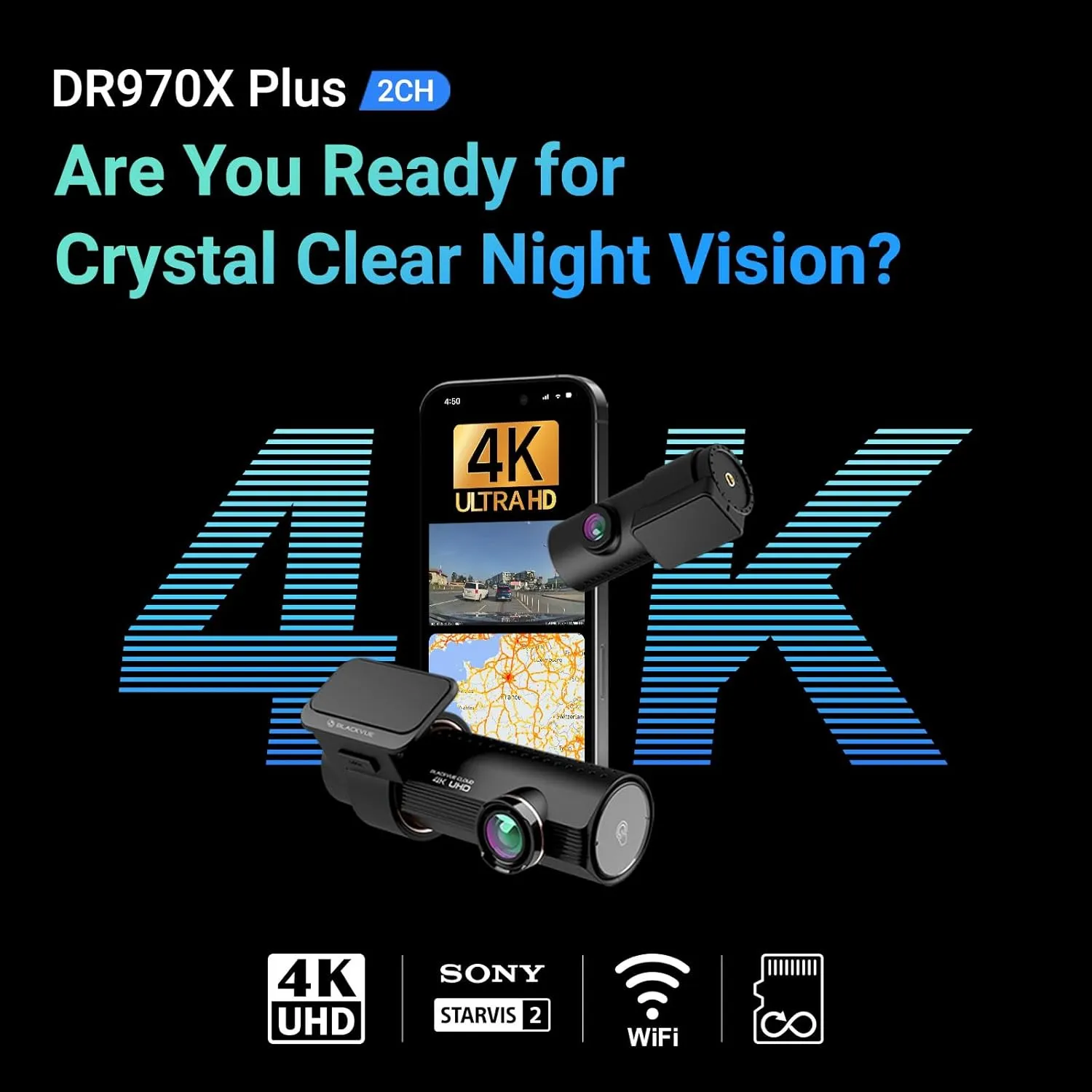 BlackVue DR970X-2CH Plus 64GB | 2-Channel Dash Cam (4K-Full HD), STARVIS 2 Sensor, Parking Mode, Up to 512GB, Easy Setup via App, Wi-Fi, GPS, Cloud Auto Backup, Optional LTE Module