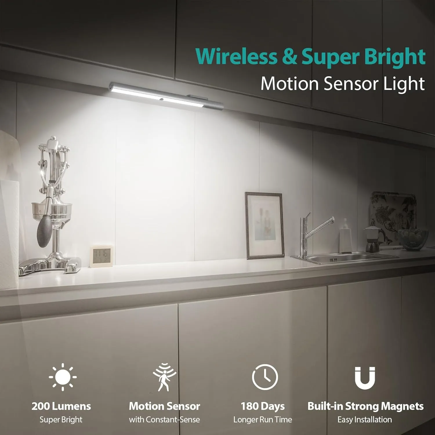 BLS LED Closet Light, T401 Super Bright Wireless Under Cabinet Lighting | Motion Sensor Light | Large 4500mAh Rechargeable Battery Powered | 6000K White Glow | 180 Days Battery Time