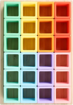BLUE GINKGO Silicone Rainbow Blocks – [24 PC] Giftable Soft Blocks for Kids, BPA-Free Montessori Stacking Toy with Sorting Tray (Pastel)