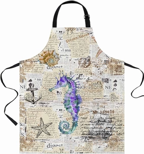Blue Purple Seahorse Waterproof Apron With Pockets,Nautical Boat Coastal Starfish Shell Kitchen Chefs Bib Cooking BBQ Grill Bake Adjustable Aprons for Women Home Garden Grooming Painting Gardening