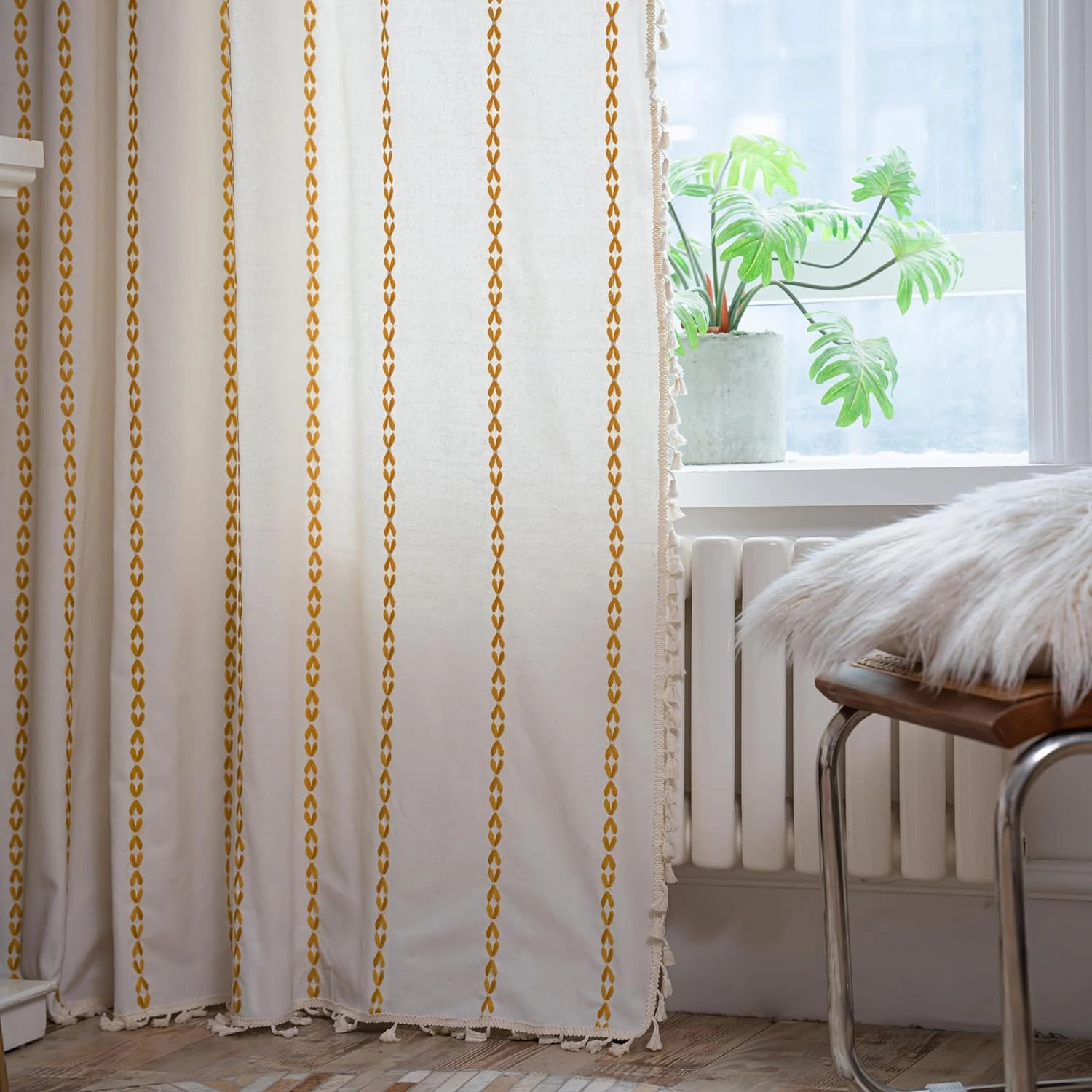 Boho Curtains Striped Embroidery Light Filtering Semi-Blackout Cotton Darkening Window Treatment with Tassels, Rod Pocket Drapes for Living Room Bedroom, 52W x 63L Inch, 1 Panel Gold