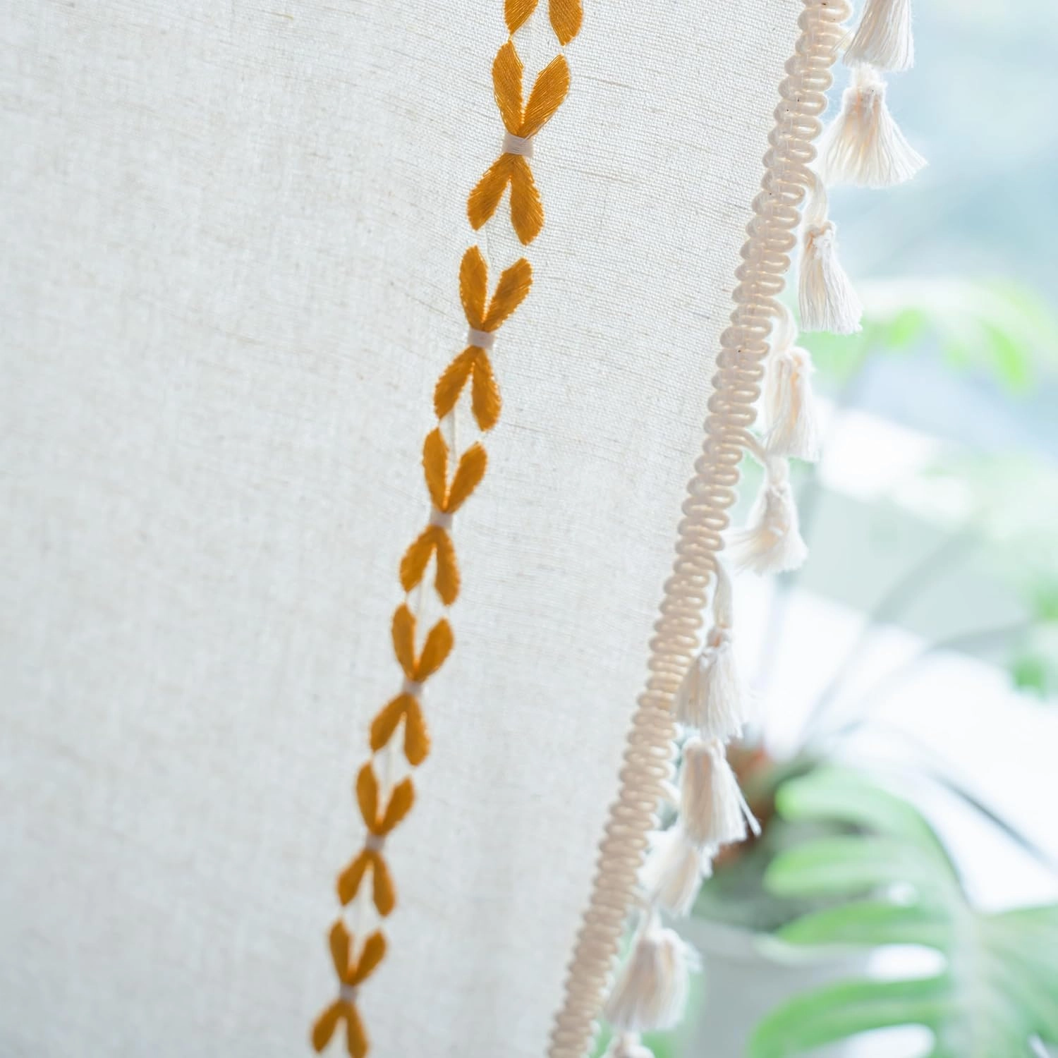 Boho Curtains Striped Embroidery Light Filtering Semi-Blackout Cotton Darkening Window Treatment with Tassels, Rod Pocket Drapes for Living Room Bedroom, 52W x 63L Inch, 1 Panel Gold