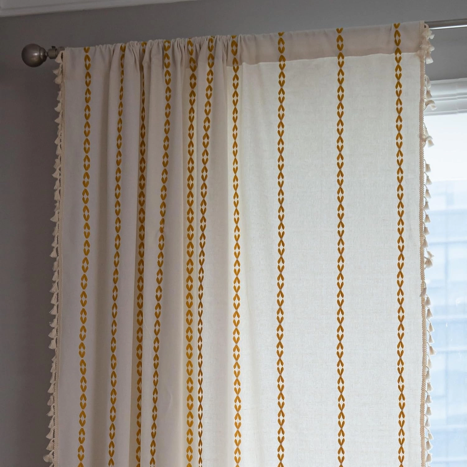 Boho Curtains Striped Embroidery Light Filtering Semi-Blackout Cotton Darkening Window Treatment with Tassels, Rod Pocket Drapes for Living Room Bedroom, 52W x 63L Inch, 1 Panel Gold