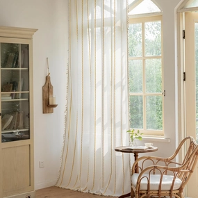 Boho Curtains Striped Embroidery Light Filtering Semi-Blackout Cotton Darkening Window Treatment with Tassels, Rod Pocket Drapes for Living Room Bedroom, 52W x 63L Inch, 1 Panel Gold