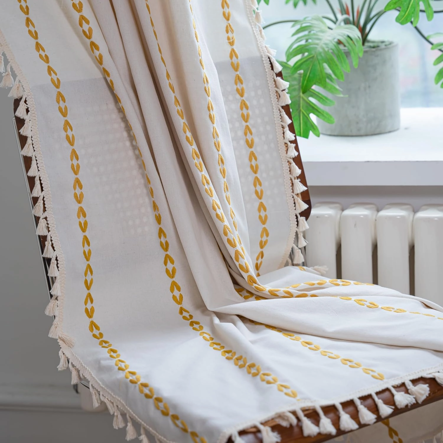 Boho Curtains Striped Embroidery Light Filtering Semi-Blackout Cotton Darkening Window Treatment with Tassels, Rod Pocket Drapes for Living Room Bedroom, 52W x 63L Inch, 1 Panel Gold
