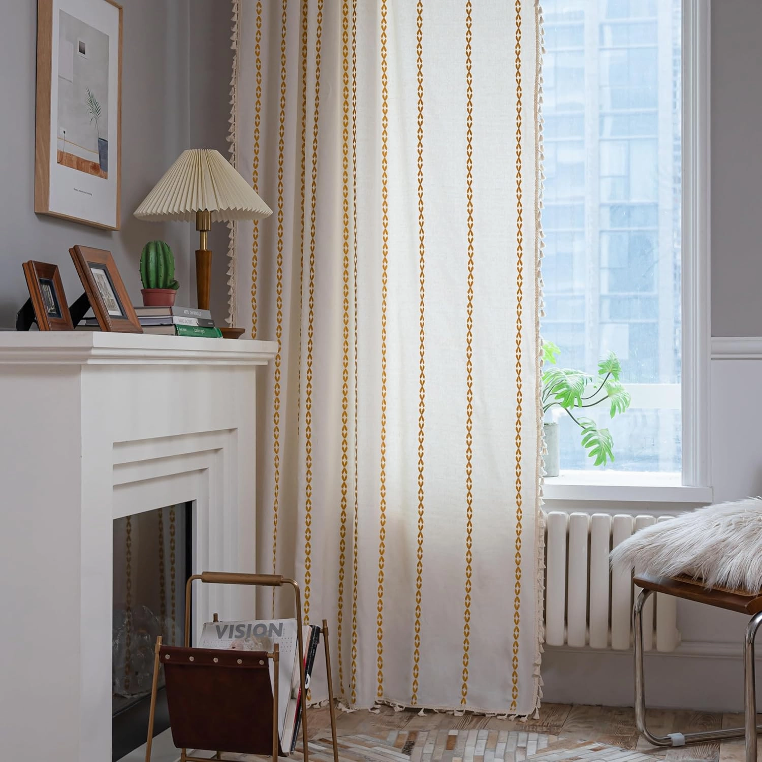 Boho Curtains Striped Embroidery Light Filtering Semi-Blackout Cotton Darkening Window Treatment with Tassels, Rod Pocket Drapes for Living Room Bedroom, 52W x 63L Inch, 1 Panel Gold
