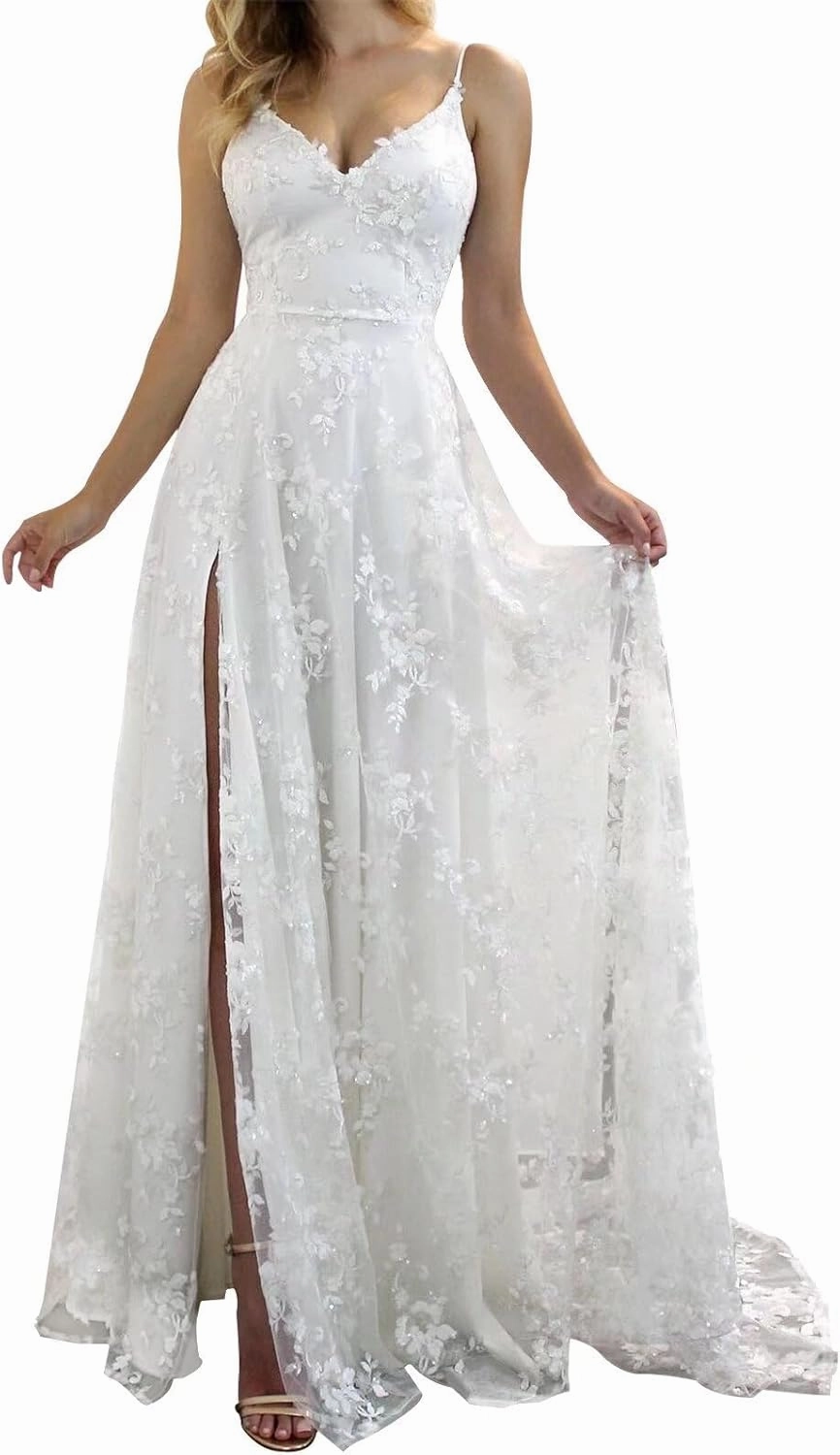 Boho V Neck Wedding Dresses for Bride Lace Applique Sleeveless Long Train A Line Bridal Ball Gowns with Slit
