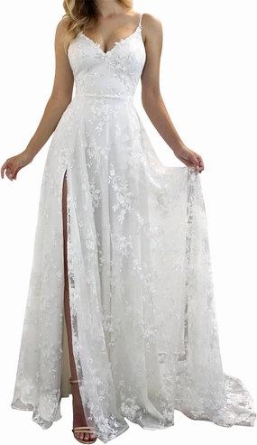Boho V Neck Wedding Dresses for Bride Lace Applique Sleeveless Long Train A Line Bridal Ball Gowns with Slit