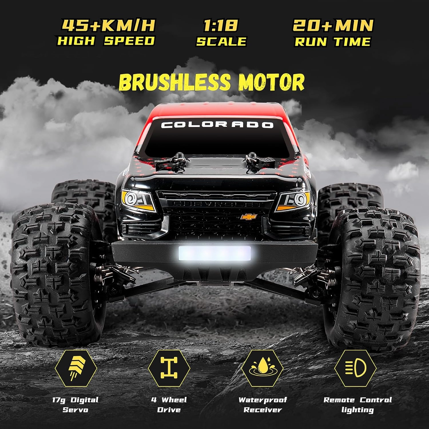 Brushless RC Truck, Super Fast RC Cars, 1/18 Chevrolet Colorado Hobby RC Trucks, 45km/h High Speed Remote Control Car (42mph with 3S) for Adults, Blue