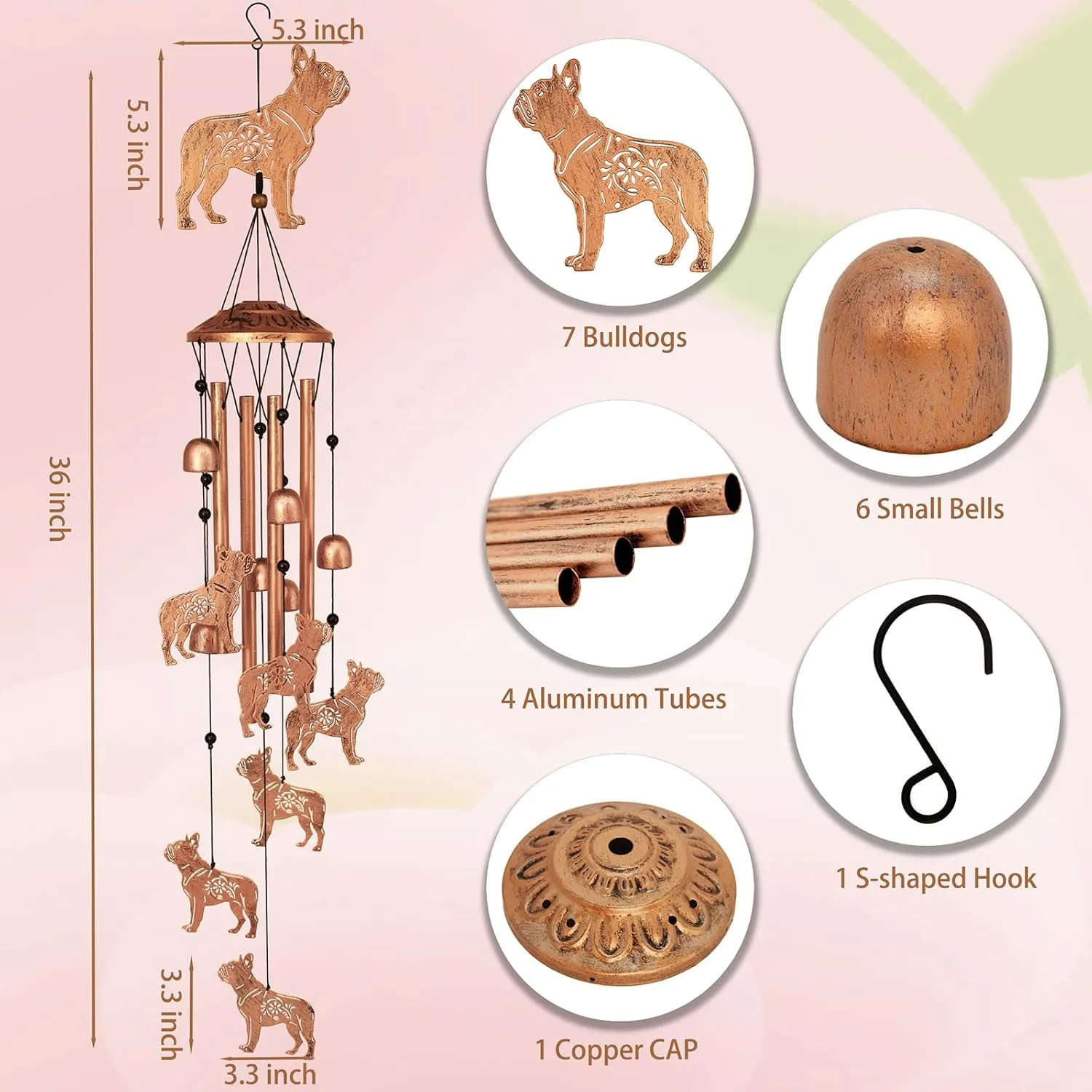Bulldog Dog Wind Chimes for Outside,Metal Windchimes,Bulldog Dog Gifts for Women/Men,Wind Chime Garden Decor Outdoor,Memorial/Housewarming/Birthday/Festival Gifts,Front Yard Decor