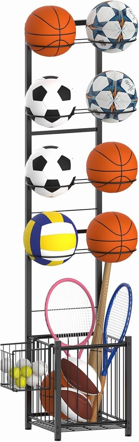 CADUKE Basketball Storage, Vertical Ball Rack for Garage, 8 Balls Sports Ball Holder for Basketball, Soccer, Volleyball, Football, Rackets in Garage, Indoor, Outdoor, Black