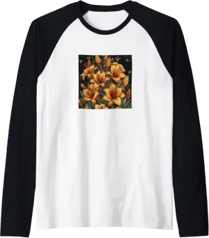 Canna Lily Flower Blooming With Bees Around Graphic Raglan Baseball Tee