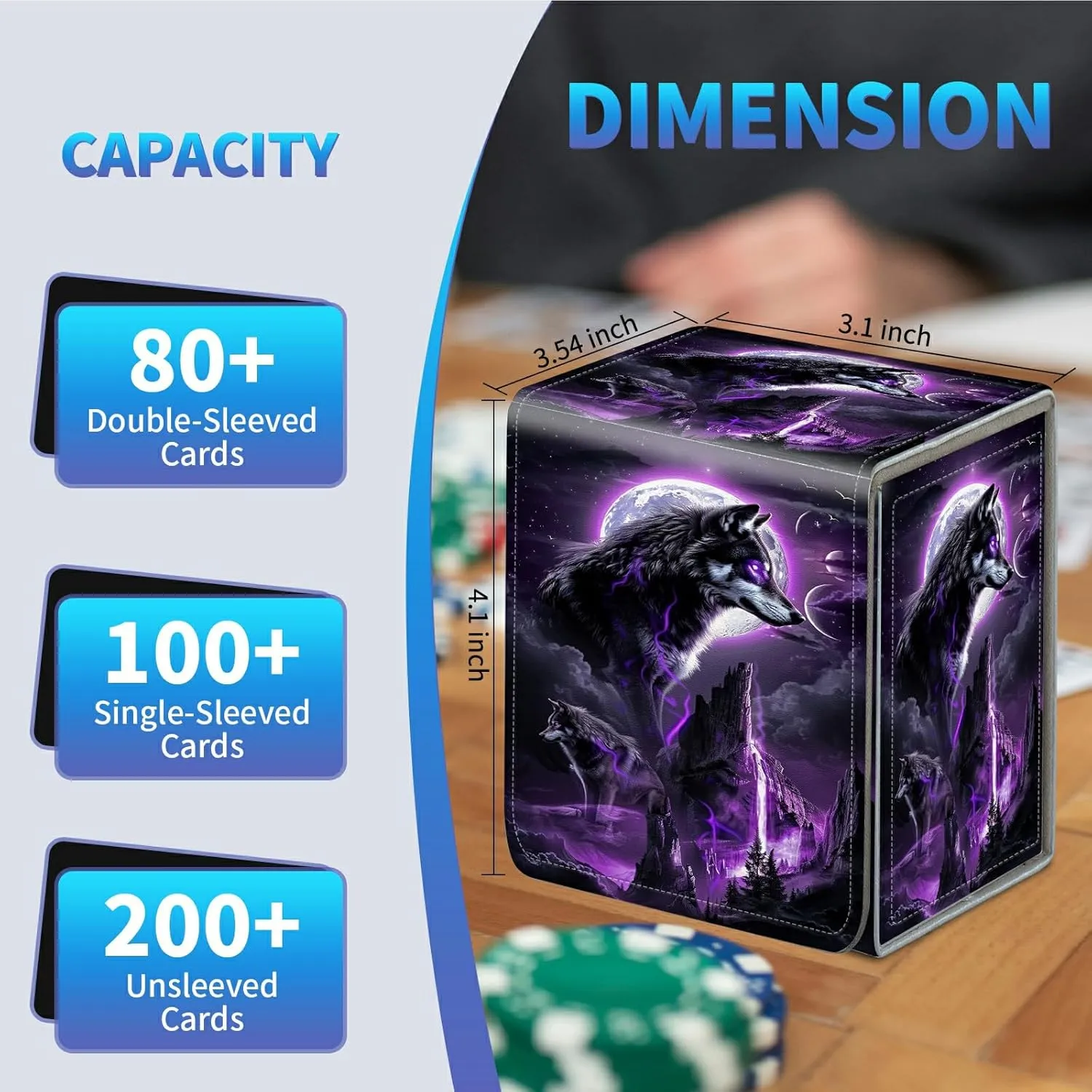 Card Deck Box for Trading Cards, MTG Commander Deck Box Fits 100  Single Sleeved Cards, Leather Magnetic Card Storage Box for YuGiOh TCG CCG Cards, Black Wolf Purple Glow Moon