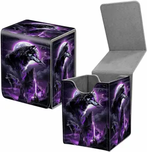 Card Deck Box for Trading Cards, MTG Commander Deck Box Fits 100  Single Sleeved Cards, Leather Magnetic Card Storage Box for YuGiOh TCG CCG Cards, Black Wolf Purple Glow Moon
