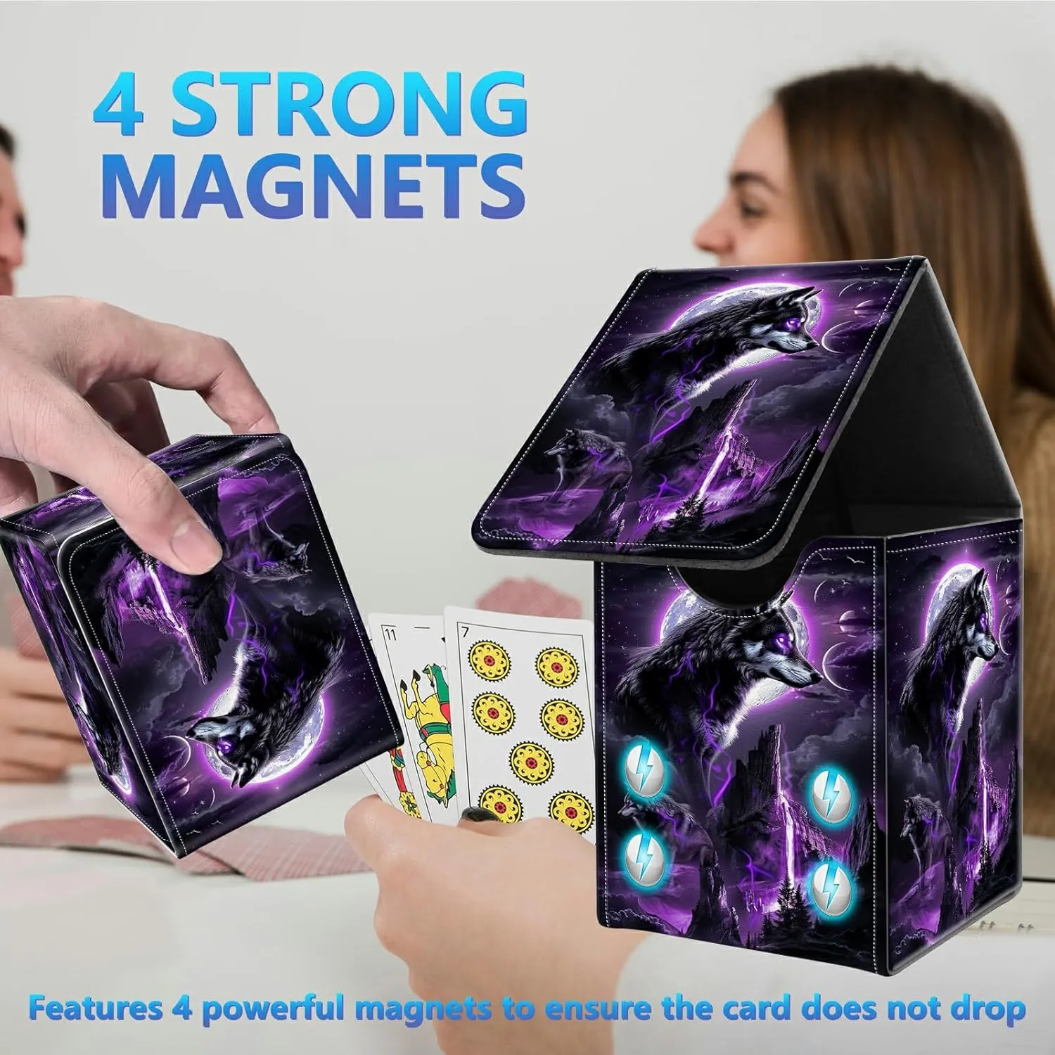 Card Deck Box for Trading Cards, MTG Commander Deck Box Fits 100  Single Sleeved Cards, Leather Magnetic Card Storage Box for YuGiOh TCG CCG Cards, Black Wolf Purple Glow Moon