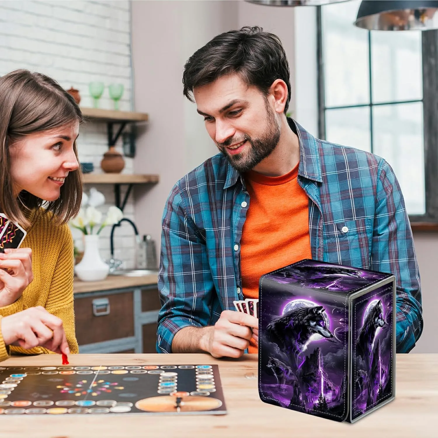 Card Deck Box for Trading Cards, MTG Commander Deck Box Fits 100  Single Sleeved Cards, Leather Magnetic Card Storage Box for YuGiOh TCG CCG Cards, Black Wolf Purple Glow Moon