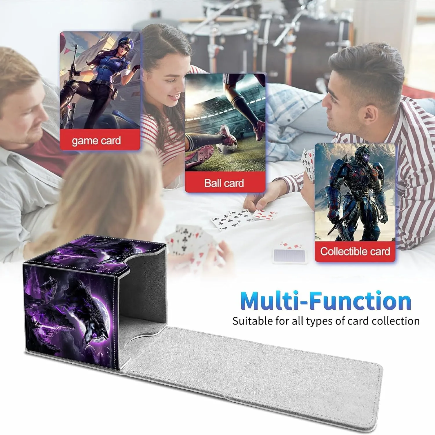 Card Deck Box for Trading Cards, MTG Commander Deck Box Fits 100  Single Sleeved Cards, Leather Magnetic Card Storage Box for YuGiOh TCG CCG Cards, Black Wolf Purple Glow Moon
