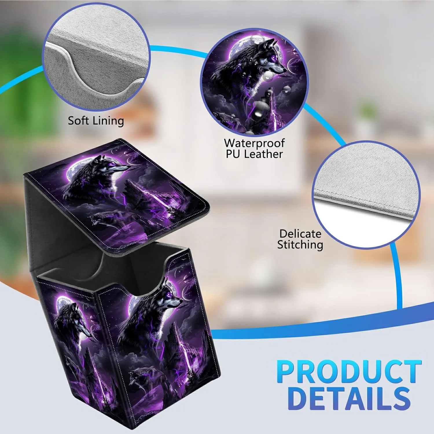 Card Deck Box for Trading Cards, MTG Commander Deck Box Fits 100  Single Sleeved Cards, Leather Magnetic Card Storage Box for YuGiOh TCG CCG Cards, Black Wolf Purple Glow Moon