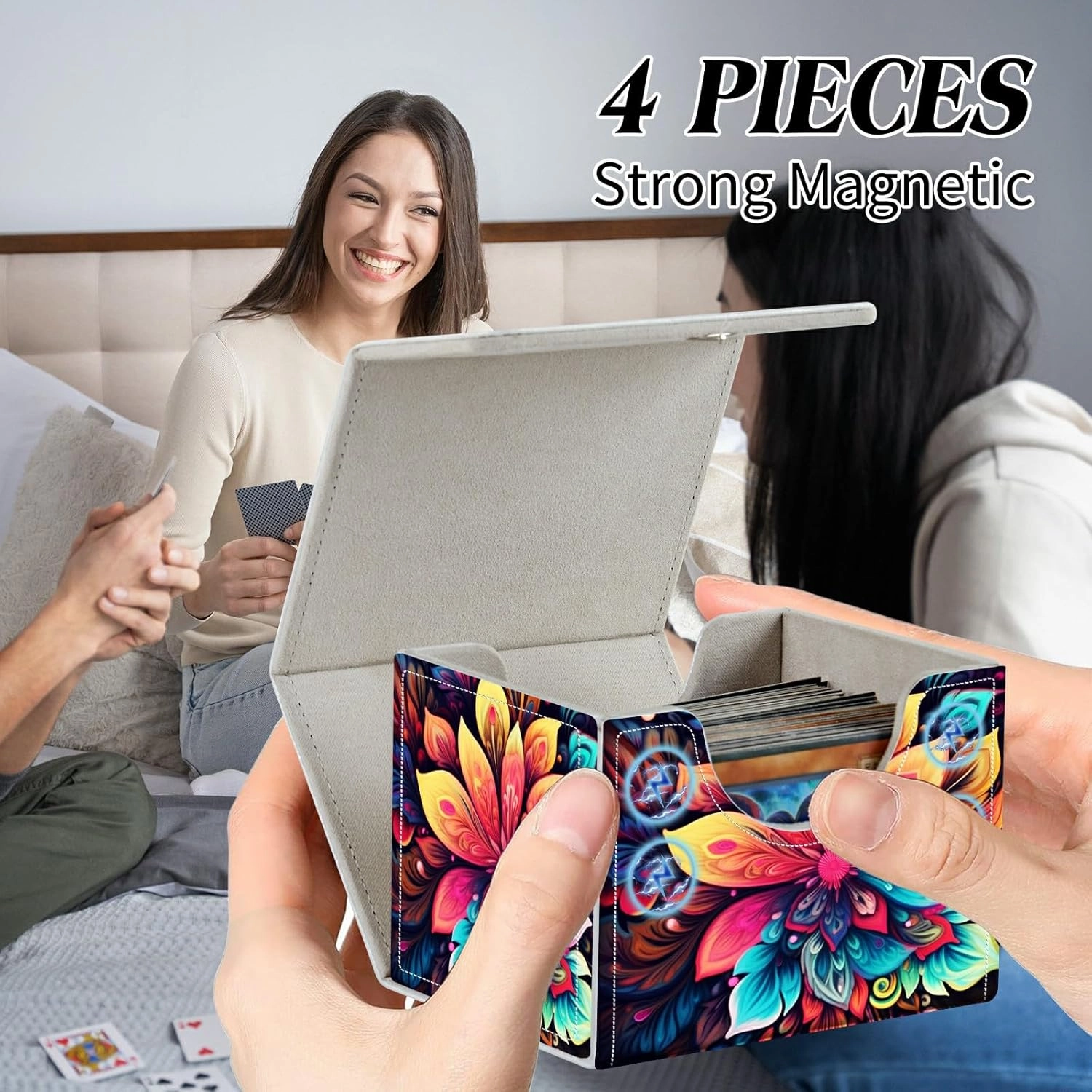 Card Commander Deck Box for Trading Cards Storage Box with Strong Magnet Magic Premium Gathering Deck Box Cover for TCG CCG Magic Cards,Colorful Flower & Leaves