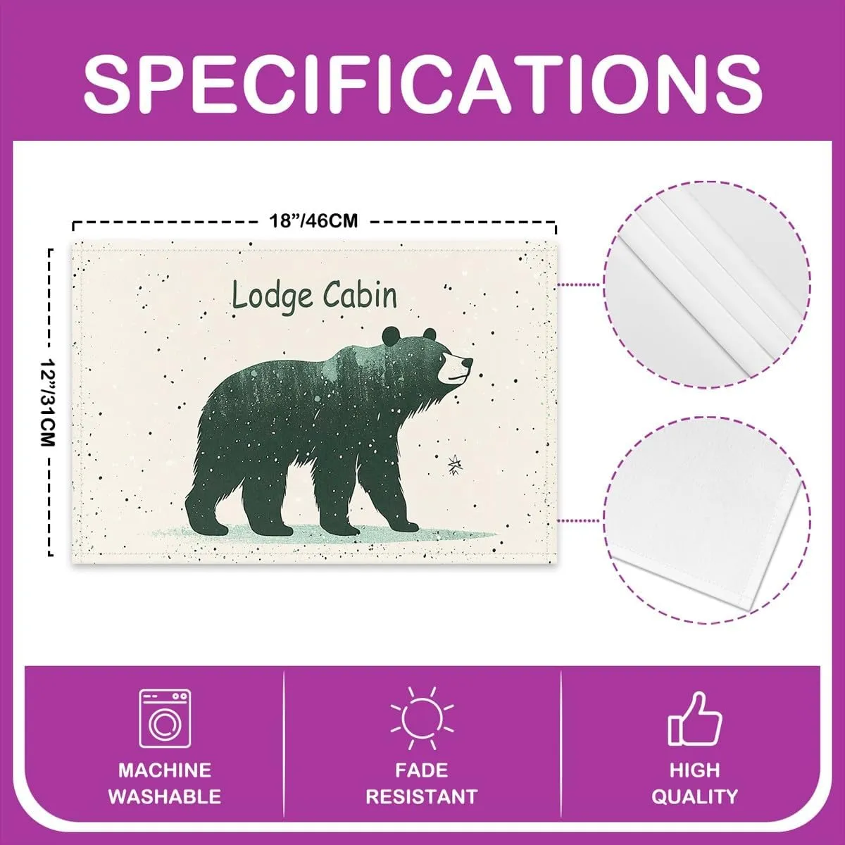 Cartoon Bear Place Mats 12x18 Inch Set of 4 Cute Black Green Graffiti Wild Animal Table Mats for Kids Boys Girls Teens Lodge Cabin Jungle Farmhouse Style Kitchen Mats for Dining Table