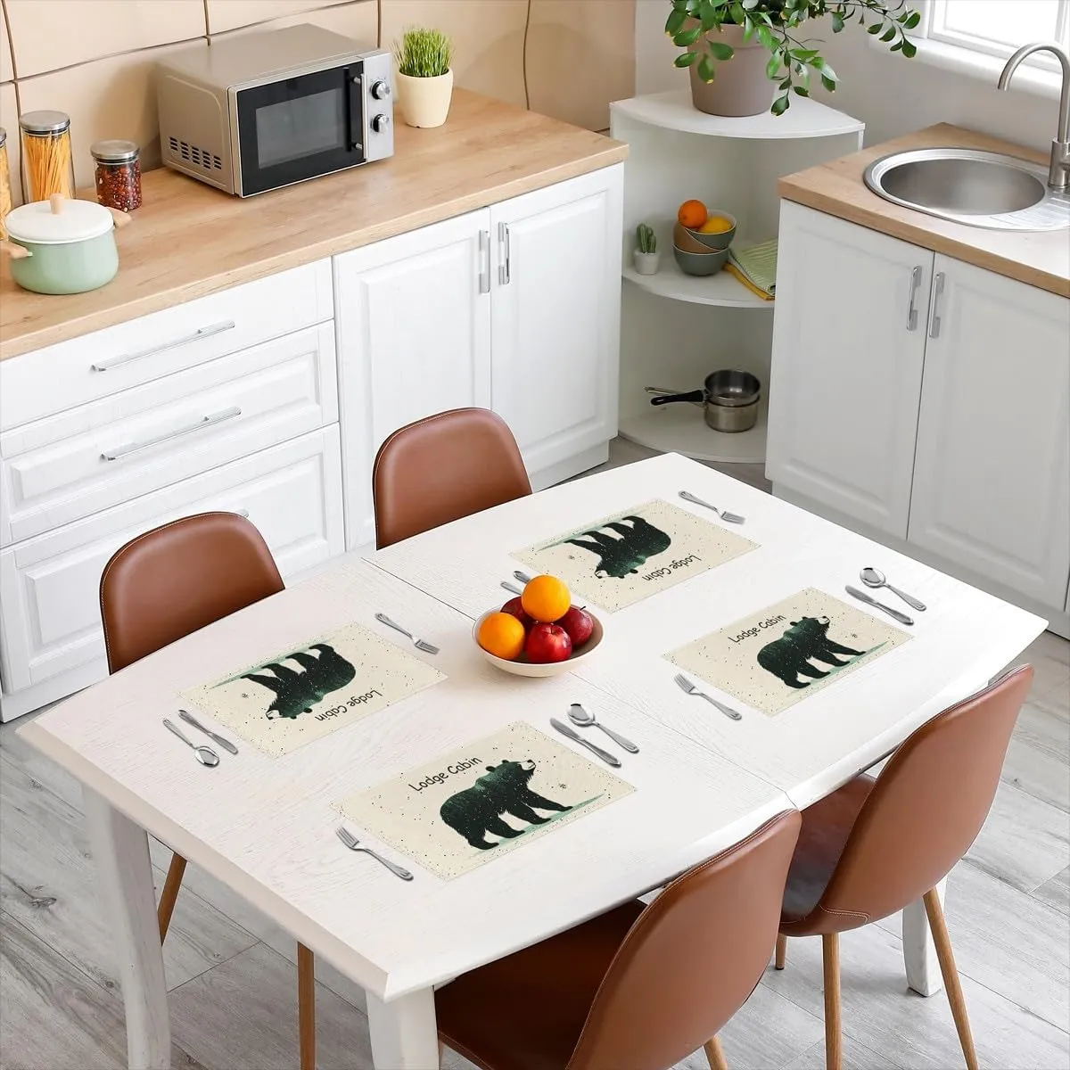 Cartoon Bear Place Mats 12x18 Inch Set of 4 Cute Black Green Graffiti Wild Animal Table Mats for Kids Boys Girls Teens Lodge Cabin Jungle Farmhouse Style Kitchen Mats for Dining Table