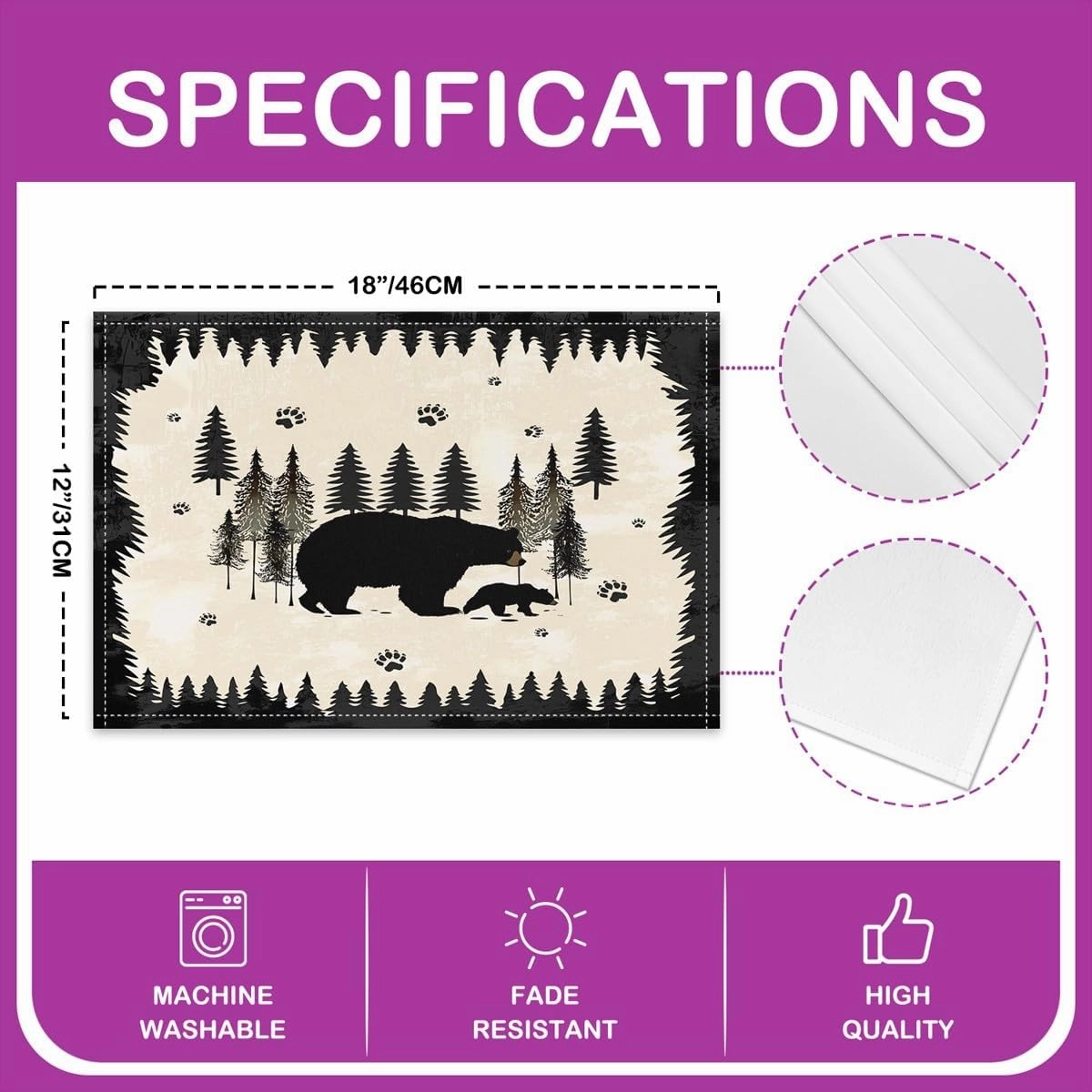 Cartoon Bear Place Mats Cute Wild Animal Paw Print Table Mats for Kids Boys Girls Teens Jungle Pine Trees Silhouette Cabin Kitchen Mats for Dining Table 12x18 Inch Set of 4