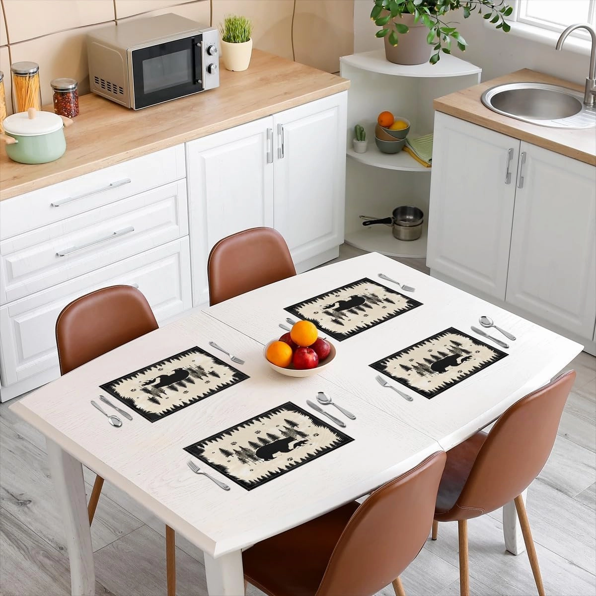 Cartoon Bear Place Mats Cute Wild Animal Paw Print Table Mats for Kids Boys Girls Teens Jungle Pine Trees Silhouette Cabin Kitchen Mats for Dining Table 12x18 Inch Set of 4