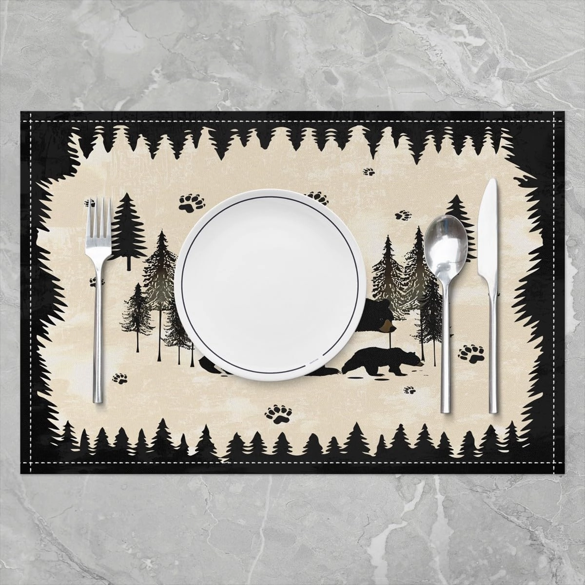 Cartoon Bear Place Mats Cute Wild Animal Paw Print Table Mats for Kids Boys Girls Teens Jungle Pine Trees Silhouette Cabin Kitchen Mats for Dining Table 12x18 Inch Set of 4