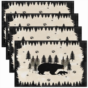 Cartoon Bear Place Mats Cute Wild Animal Paw Print Table Mats for Kids Boys Girls Teens Jungle Pine Trees Silhouette Cabin Kitchen Mats for Dining Table 12x18 Inch Set of 4