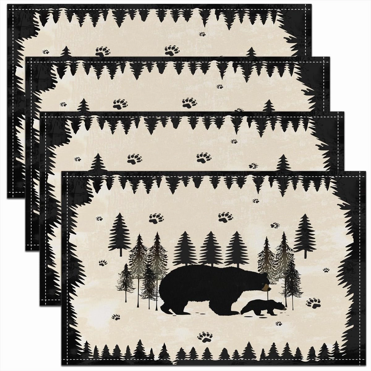 Cartoon Bear Place Mats Cute Wild Animal Paw Print Table Mats for Kids Boys Girls Teens Jungle Pine Trees Silhouette Cabin Kitchen Mats for Dining Table 12x18 Inch Set of 4