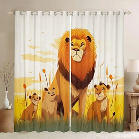 Cartoon Lion Kids Window Curtain,Cute Animal Curtains Girls Boys Home Room Decor,Prairie Scenery African Wildlife Nature Window Treatment Curtain,Lions Microfiber Window Drapes,2 Panels,52Wx96L