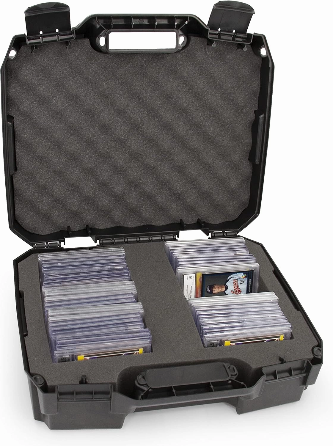 CASEMATIX Graded Card Case Compatible with 60  BGS PSA FGS SGC Graded Sports Trading Cards, Rugged Graded Slab Card Storage Box with Custom Card Carrying Case Impact Absorbing Dual Foam Slots