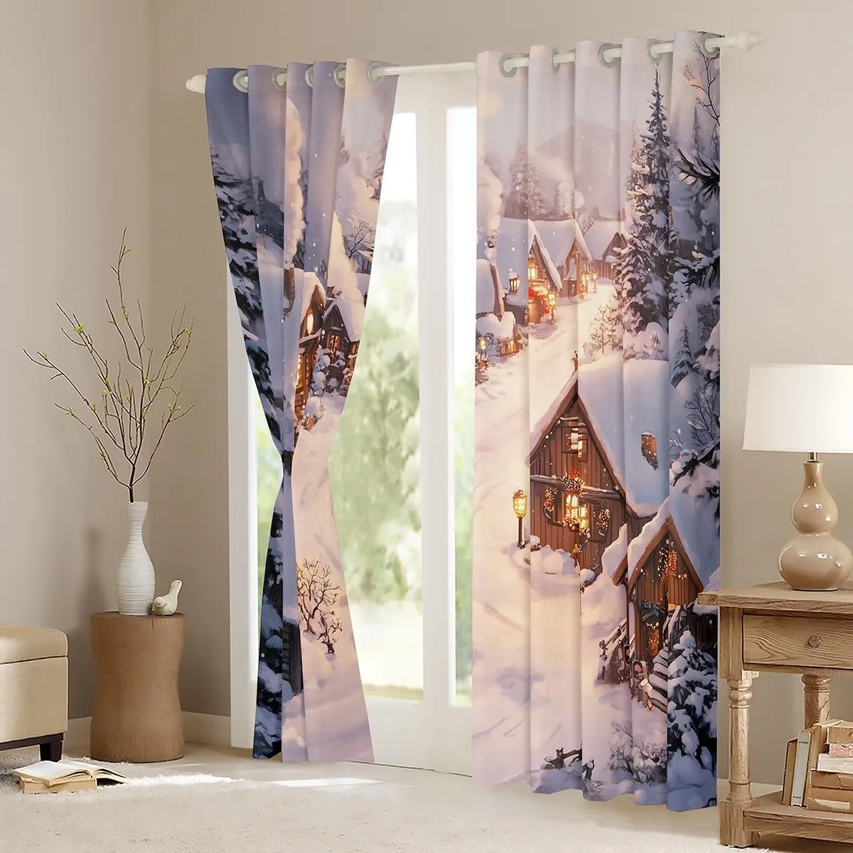 Castle Fairy Farmhouse Window Curtains Winter Theme Christmas Rustic Style Window Drapes for Kids Teens Adults Retro Wood Cabin Jungle Pine Tree Curtains for Living Room 2 Panels 38Wx54L