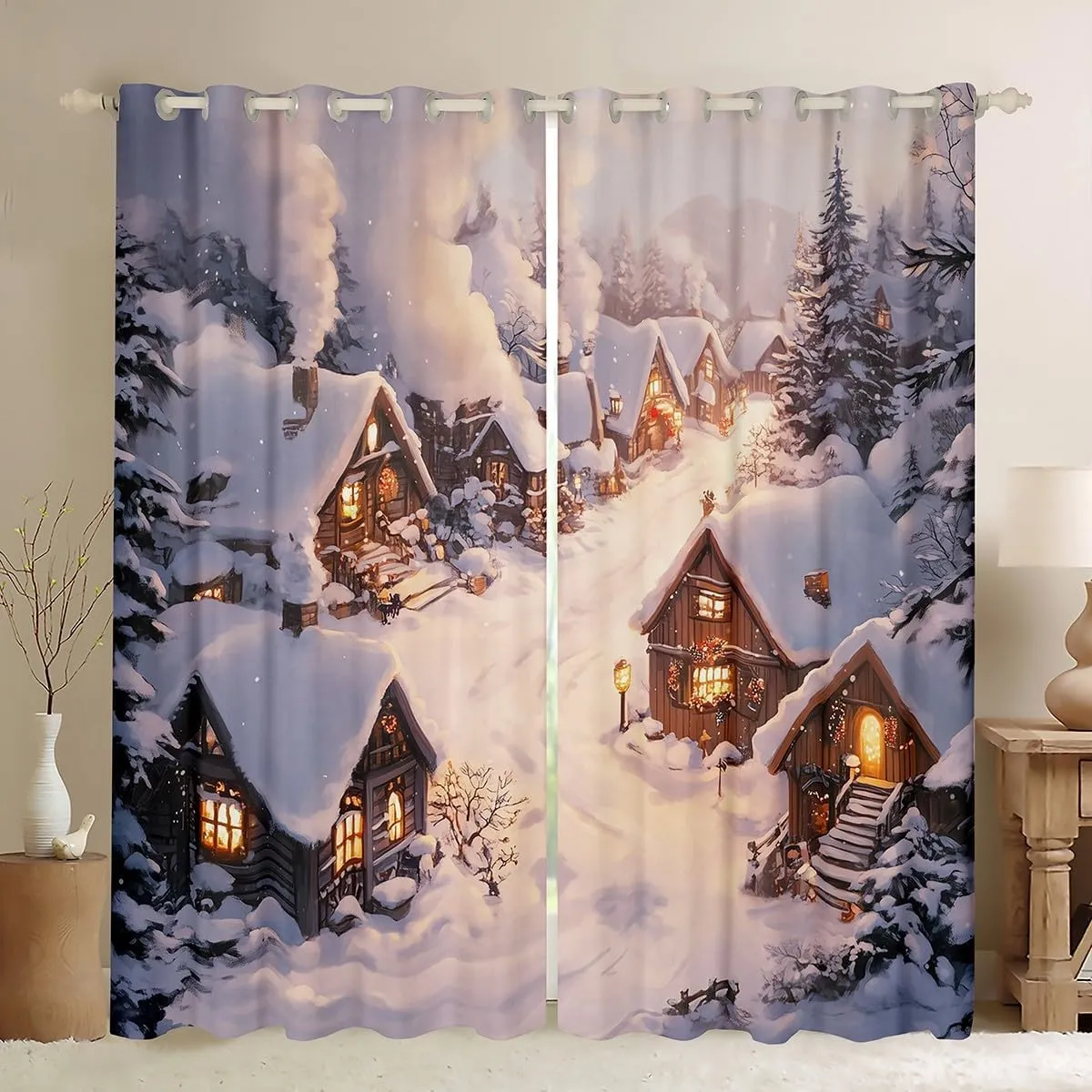 Castle Fairy Farmhouse Window Curtains Winter Theme Christmas Rustic Style Window Drapes for Kids Teens Adults Retro Wood Cabin Jungle Pine Tree Curtains for Living Room 2 Panels 38Wx54L