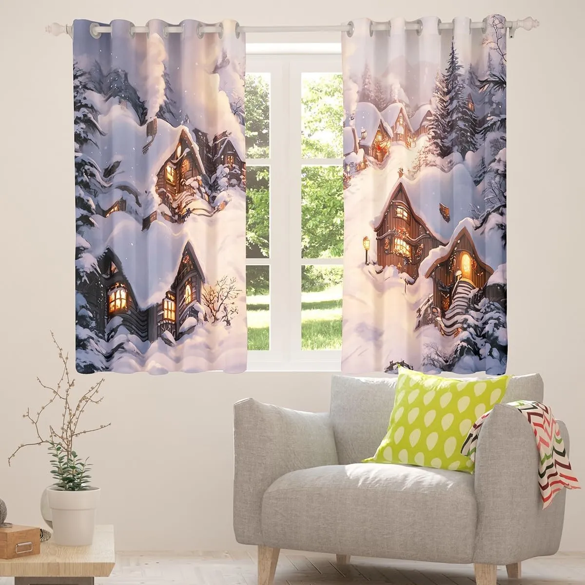 Castle Fairy Farmhouse Window Curtains Winter Theme Christmas Rustic Style Window Drapes for Kids Teens Adults Retro Wood Cabin Jungle Pine Tree Curtains for Living Room 2 Panels 38Wx54L