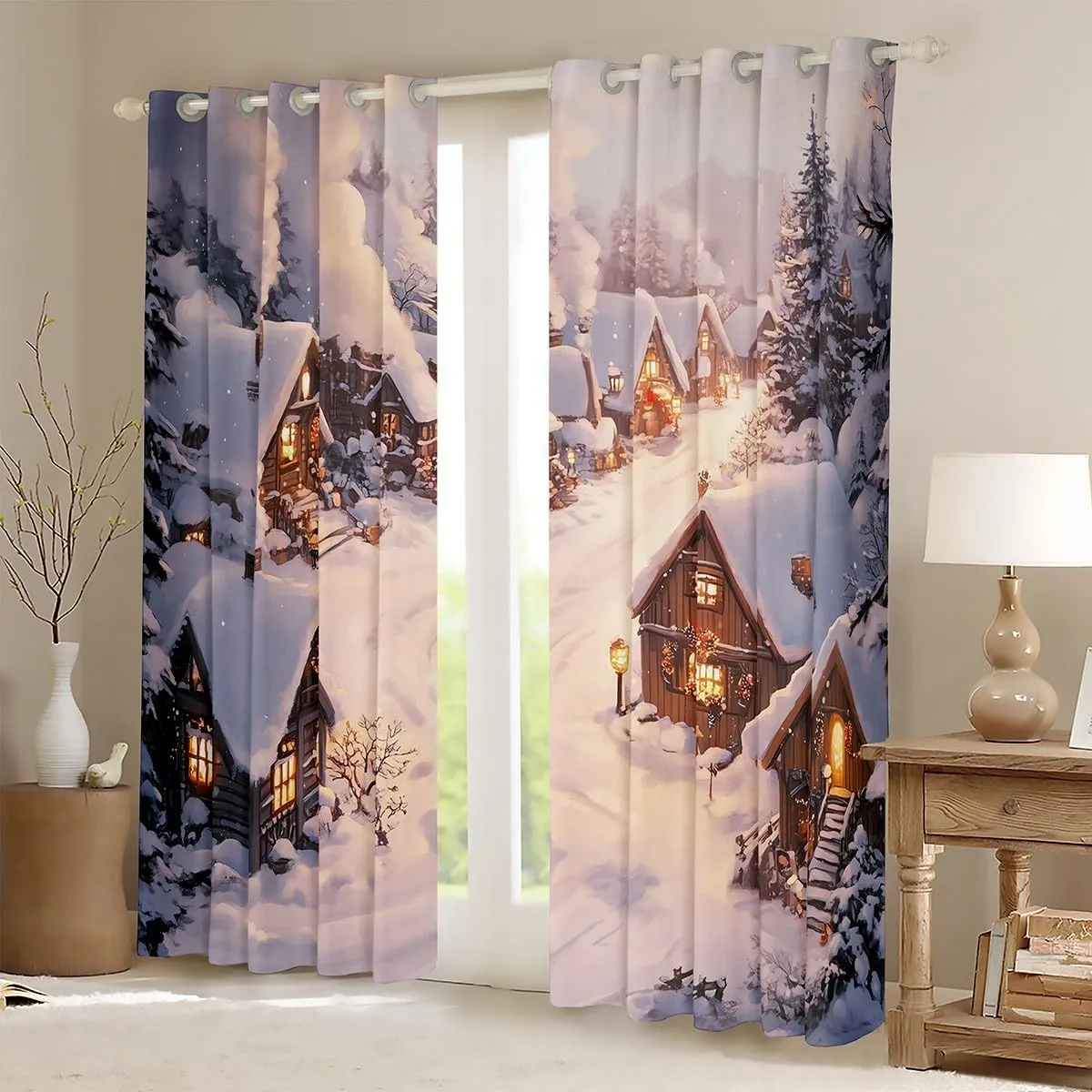 Castle Fairy Farmhouse Window Curtains Winter Theme Christmas Rustic Style Window Drapes for Kids Teens Adults Retro Wood Cabin Jungle Pine Tree Curtains for Living Room 2 Panels 38Wx54L