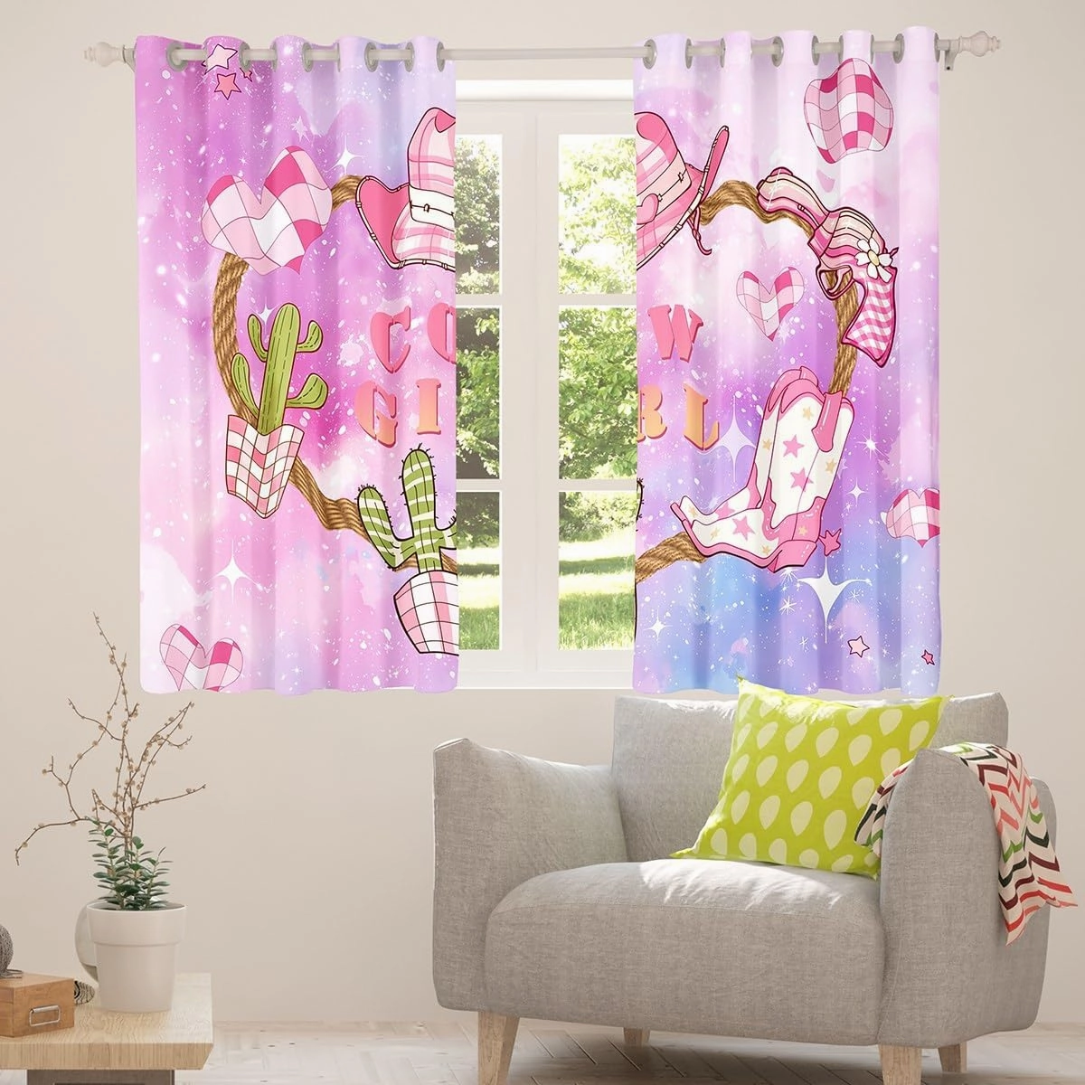 Castle Fairy Pink Cowgirl Window Curtains,Western Cowboy Hat Boots Print Window Treatments for Kitchen,Purple Blue Starry Nebula Galaxy Polyetser Window Drapes, 2 Panels, 52Wx84L inch