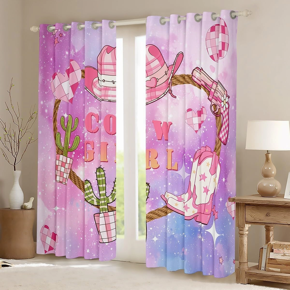 Castle Fairy Pink Cowgirl Window Curtains,Western Cowboy Hat Boots Print Window Treatments for Kitchen,Purple Blue Starry Nebula Galaxy Polyetser Window Drapes, 2 Panels, 52Wx84L inch