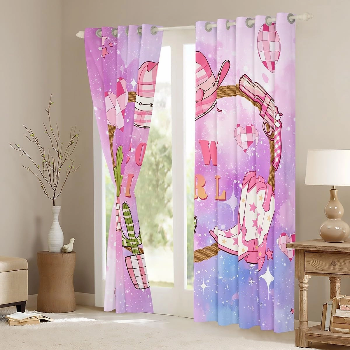 Castle Fairy Pink Cowgirl Window Curtains,Western Cowboy Hat Boots Print Window Treatments for Kitchen,Purple Blue Starry Nebula Galaxy Polyetser Window Drapes, 2 Panels, 52Wx84L inch