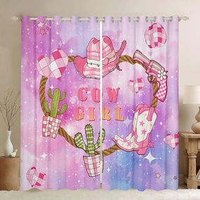 Castle Fairy Pink Cowgirl Window Curtains,Western Cowboy Hat Boots Print Window Treatments for Kitchen,Purple Blue Starry Nebula Galaxy Polyetser Window Drapes, 2 Panels, 52Wx84L inch