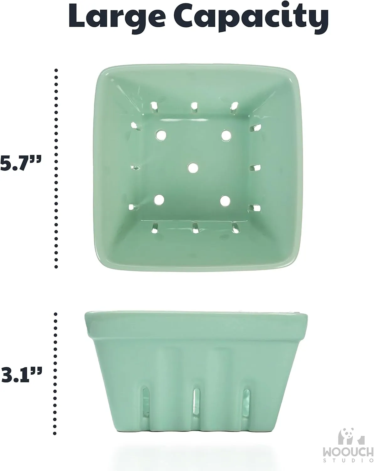 Ceramic Berry Basket, Square Fruit Bowl With Holes, 5.7" Colander For Kitchen, Cute Small Container For Berries, Strawberry, Grape, Cherry, Rustic Stoneware Décor (White   Mint Green)