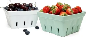 Ceramic Berry Basket, Square Fruit Bowl With Holes, 5.7" Colander For Kitchen, Cute Small Container For Berries, Strawberry, Grape, Cherry, Rustic Stoneware Décor (White   Mint Green)