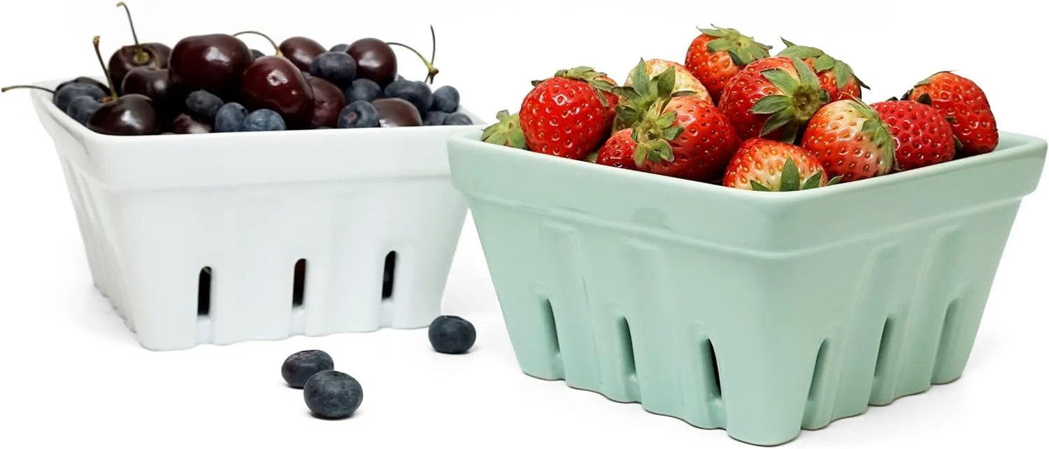 Ceramic Berry Basket, Square Fruit Bowl With Holes, 5.7" Colander For Kitchen, Cute Small Container For Berries, Strawberry, Grape, Cherry, Rustic Stoneware Décor (White   Mint Green)