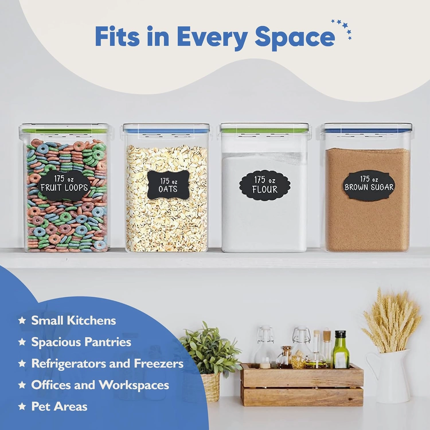 Chef's Path Kitchen Storage Box Set of 4 Extra Large Airtight Food Storage Jars for Sugar Flour Cereal Rice - Measuring Spoons, Pen and Food Preservation Labels (5.2 L)