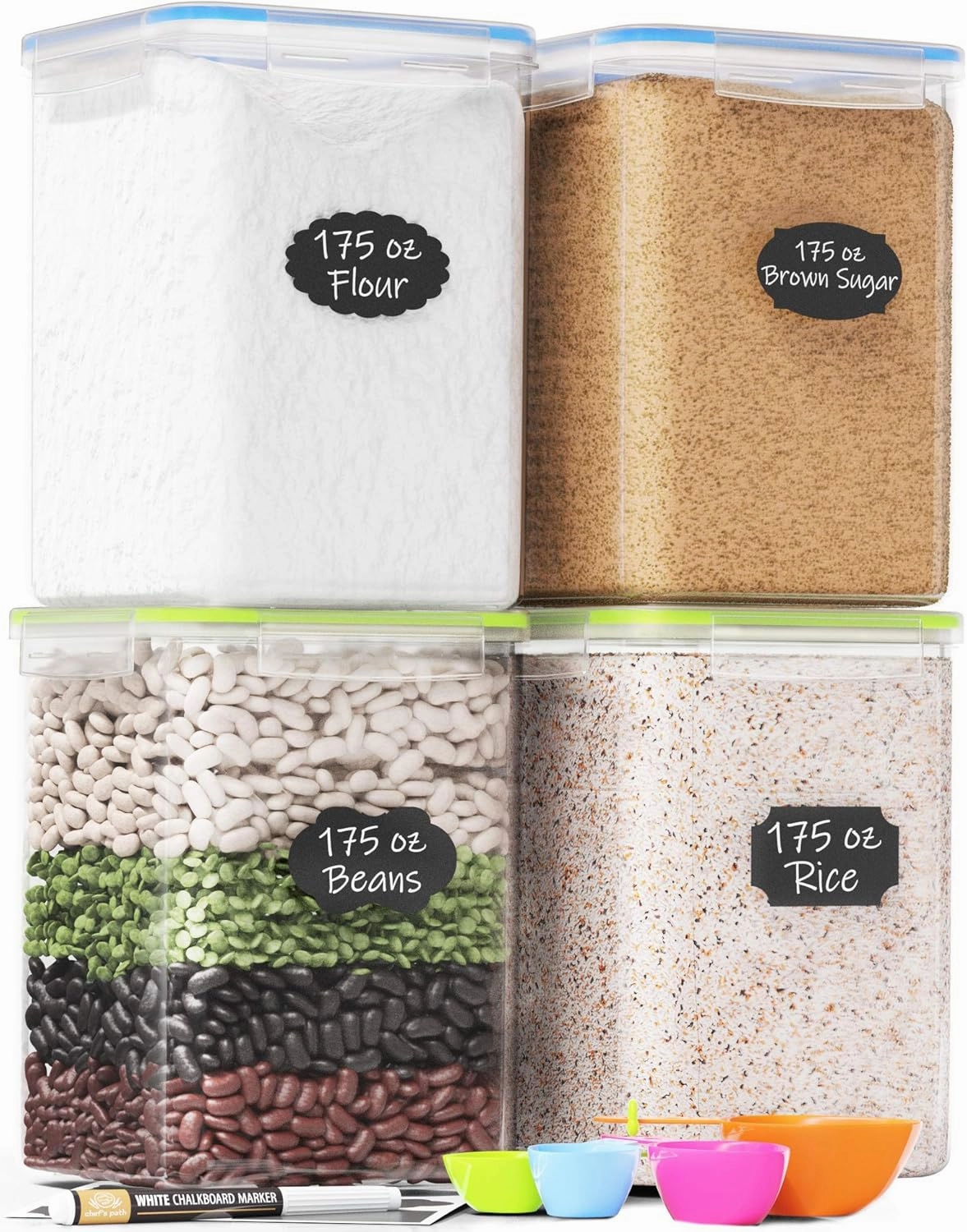 Chef's Path Kitchen Storage Box Set of 4 Extra Large Airtight Food Storage Jars for Sugar Flour Cereal Rice - Measuring Spoons, Pen and Food Preservation Labels (5.2 L)